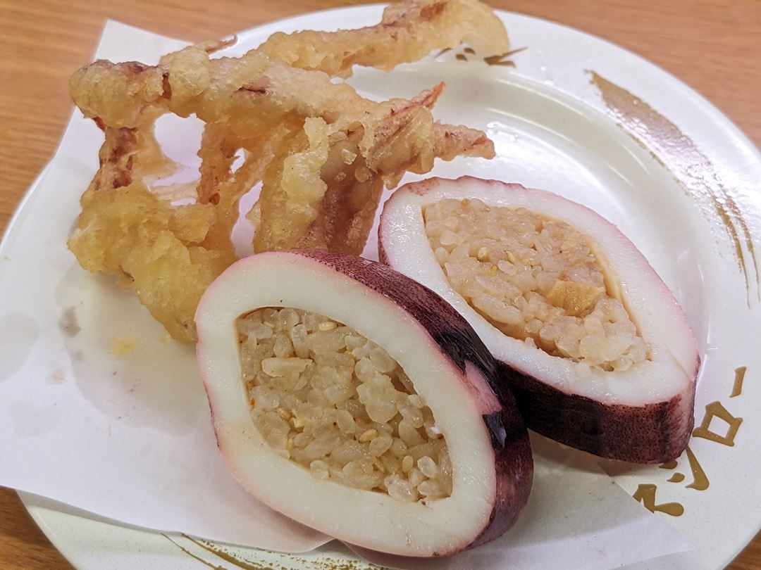 スシロー いか飯風すしとゲソ天ぷら Squid Rice and Squid Tempura SUSHIRO