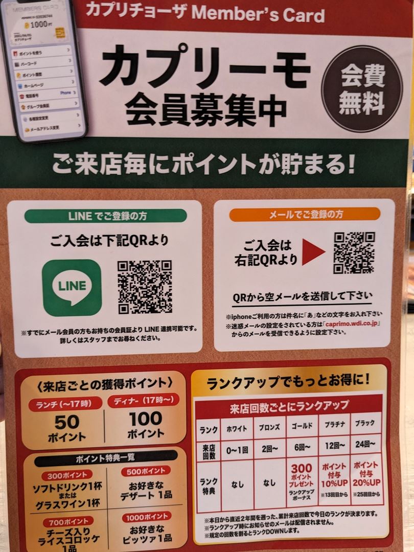 カプリチョーザ カプリーモ ポイント会員 2024年11月 Capricciosa